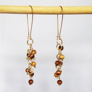 Gold 7 Ring Dangle Earrings with Wood